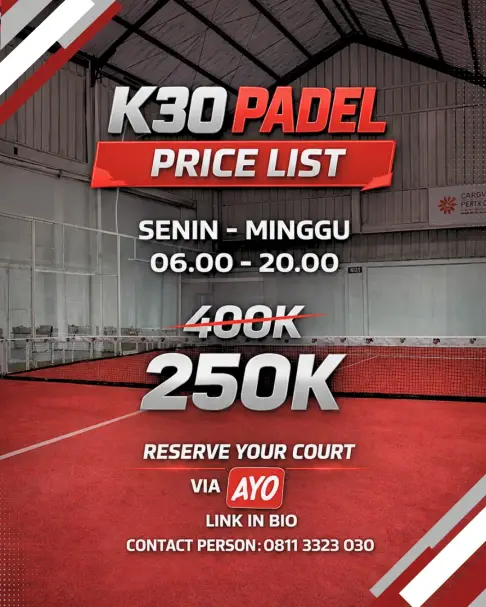 K30 Padel price list: Rp400K now Rp250K